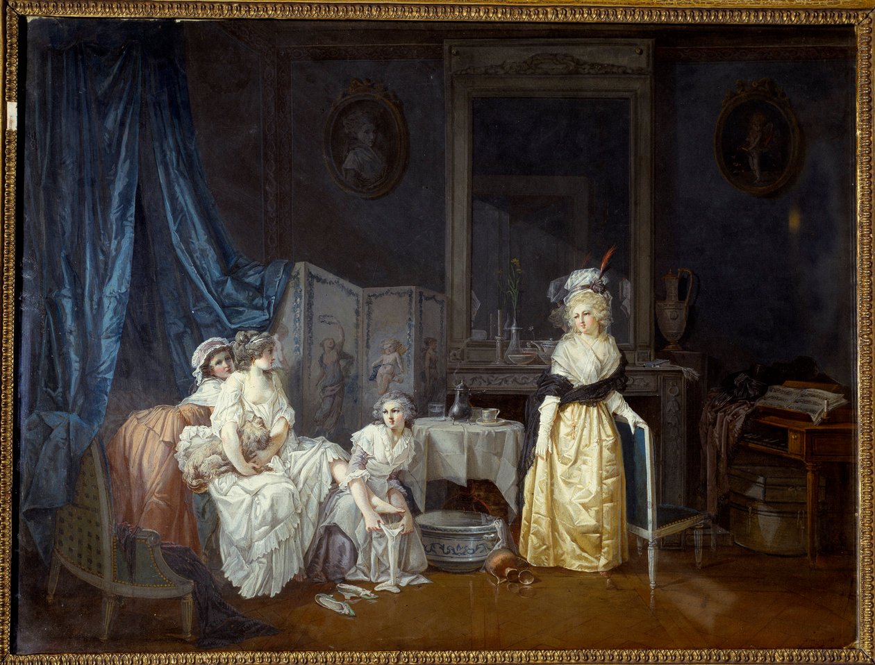 WC Nuori nainen neitojensa avulla on menossa kylpyyn. Jean Baptiste Malletin maalaus tekijältä Jean Baptiste Mallet