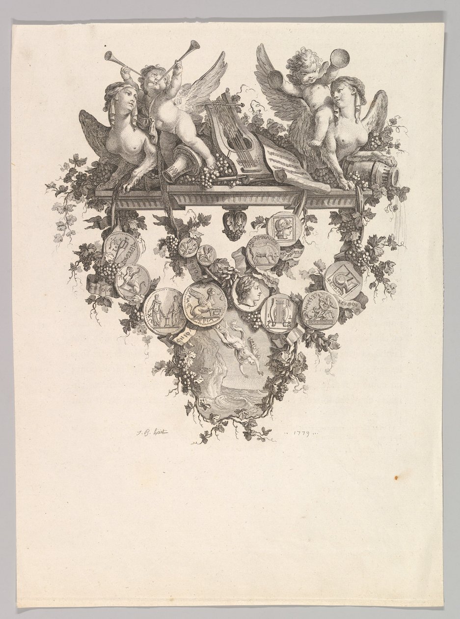 Vinjetti sfinkseillä ja putilla, 1779. tekijältä Jean Baptiste Marie Huet
