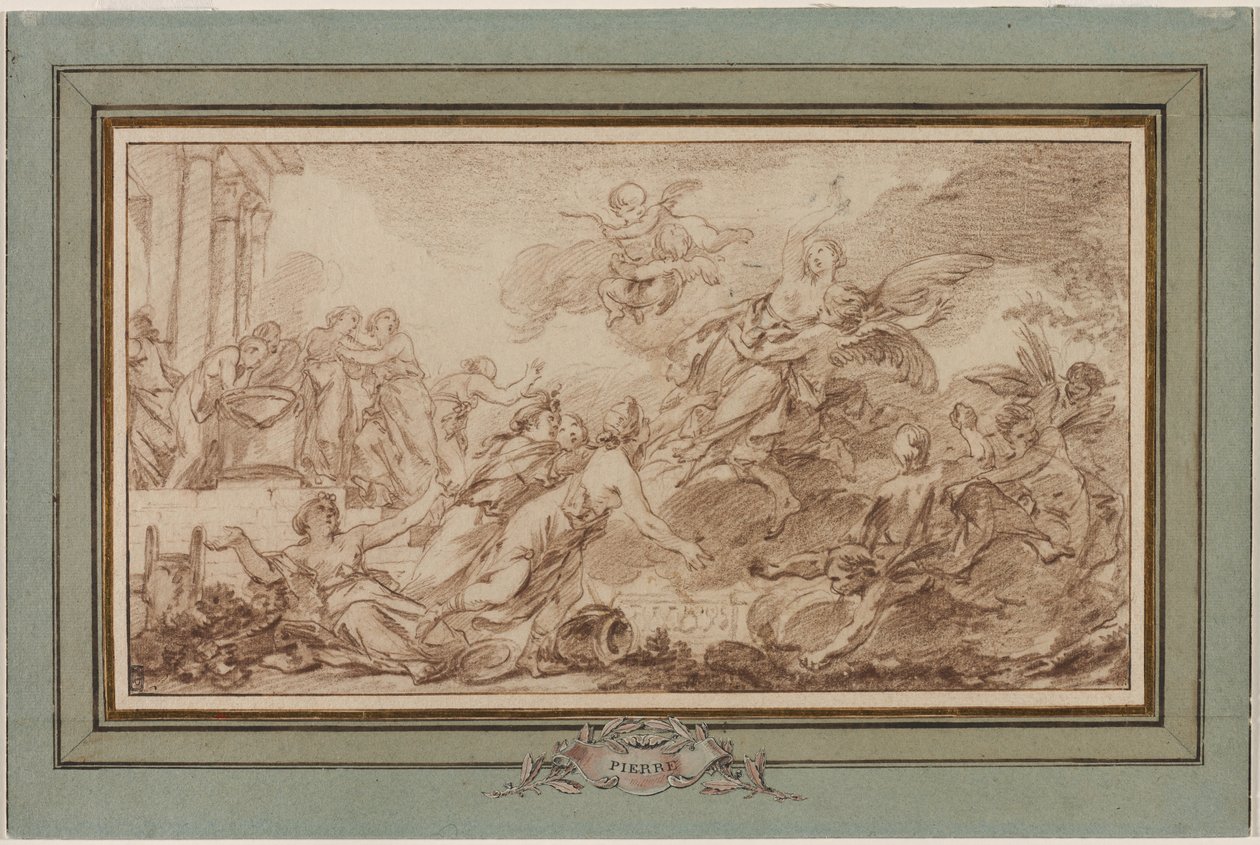 Boreas sieppaa Oreithyia, n. 1755-1760. tekijältä Jean Baptiste Marie Pierre