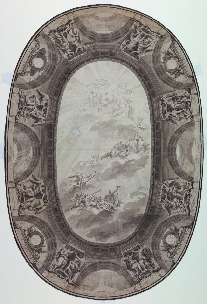 Piirustus, Suunnitelma salin katon maalattua koristelua varten (maalattu soikea katto), 1761. tekijältä Jean Baptiste Marie Pierre