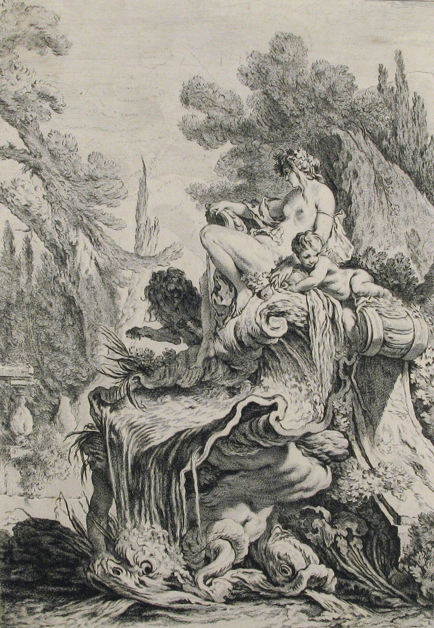 Suihkulähde, jossa Naiad istuu kuoren päällä tekijältä Jean Baptiste Marie Pierre