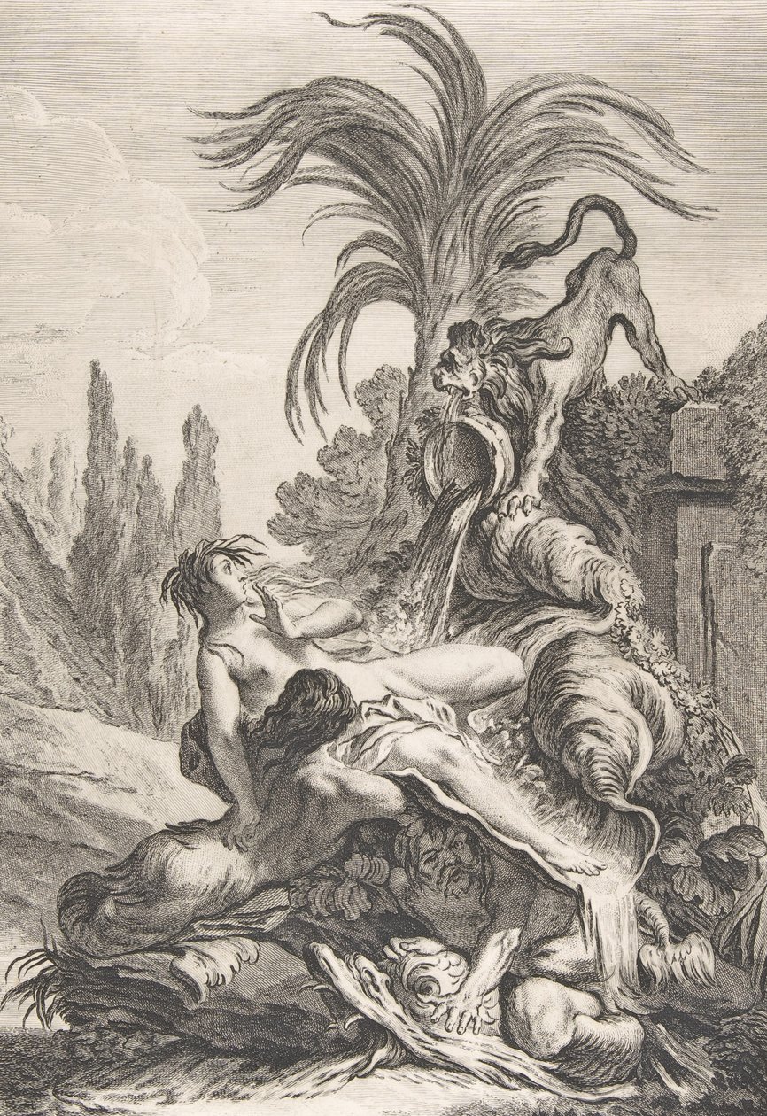 The Frightened Naiad Epäsiistynyt Naiad perääntyy peloissaan nähdessään leijonan, n. 1740., tekijältä Jean Baptiste Marie Pierre