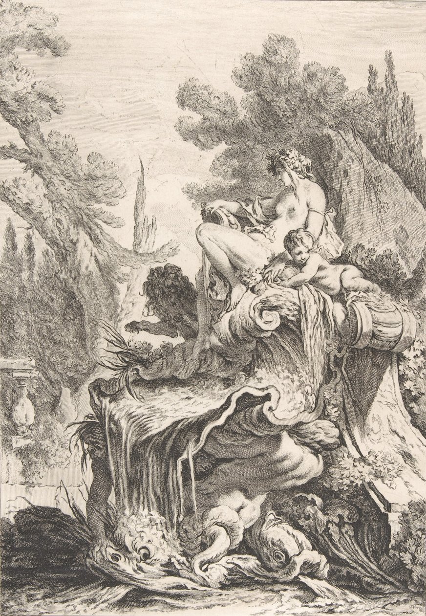The Seated Nymph Suihkulähde, jossa naidi istuu kotiloisen kuoren päällä, n. 1740. tekijältä Jean Baptiste Marie Pierre