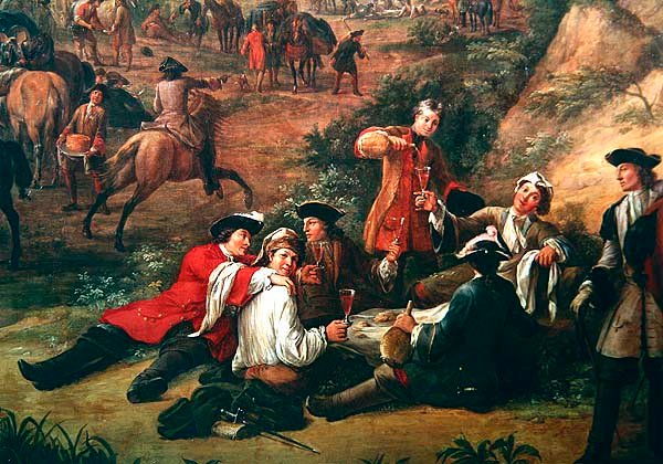 Joukko sotilaita, yksityiskohta näkymästä Contin prinssin päämajasta San Sebastianin ja Hondarribian välillä, kesäkuu 1719 (429011:n yksityiskohta) tekijältä Jean Baptiste Martin