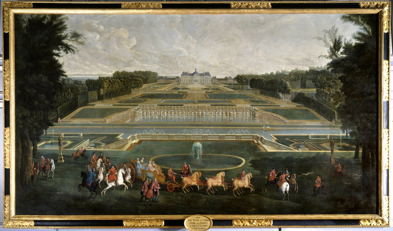 Marie Lescszinska, Ranskan kuningatar (1703-1768) (Leczinska, Lescszinka, Leszinka) Vaux Le Vicomten linnan puutarhassa (Vaux-Le-Vicomte) Jean Baptiste Martinin (1659-1735) maalaus 1728 Chateau De Vaux Le Näit sen. - Marie Lescszinska, F:n kuningatar tekijältä Jean Baptiste Martin