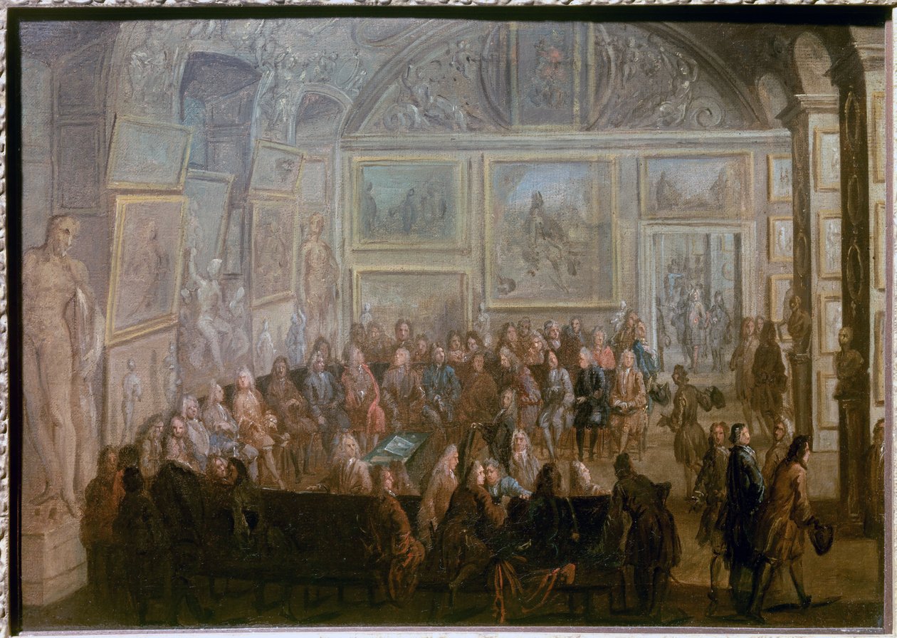 Taidemaalauksen ja kuvanveiston akatemian kokous Salon de Dianessa Louvren maalauksessa Jean-Baptiste Martin le Vieux (1659-1735) tekijältä Jean Baptiste Martin