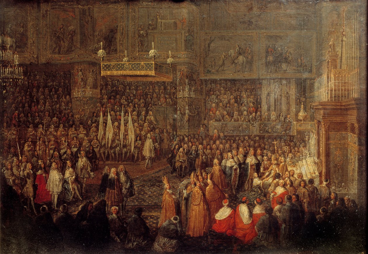 Ludvig XV:n (1710-1774) pyhä Reimsin katedraalissa 25.10.1722 Jean Baptiste Martinin (1659-1735) maalaus 1735 su. 0,32x0,42 m tekijältä Jean Baptiste Martin