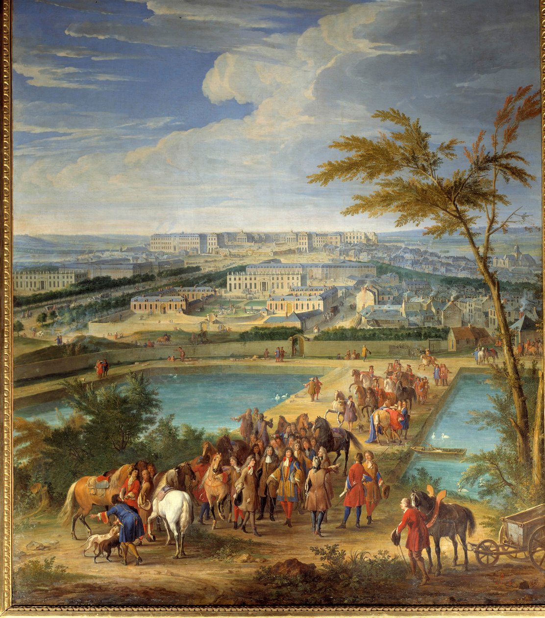 Näkymä kaupunkiin ja Versaillesin linnalle otettu montbauronin kukkulalta, Ludvig XIV (1638-1715) ja Francois Michel le Tellier, markiisi de Louvois vierailevat uusilla vesialtailla Jean-Baptiste Martinin (vanhin) maalaus (1659-1735) ) 1600-luvun aurinko.  tekijältä Jean Baptiste Martin