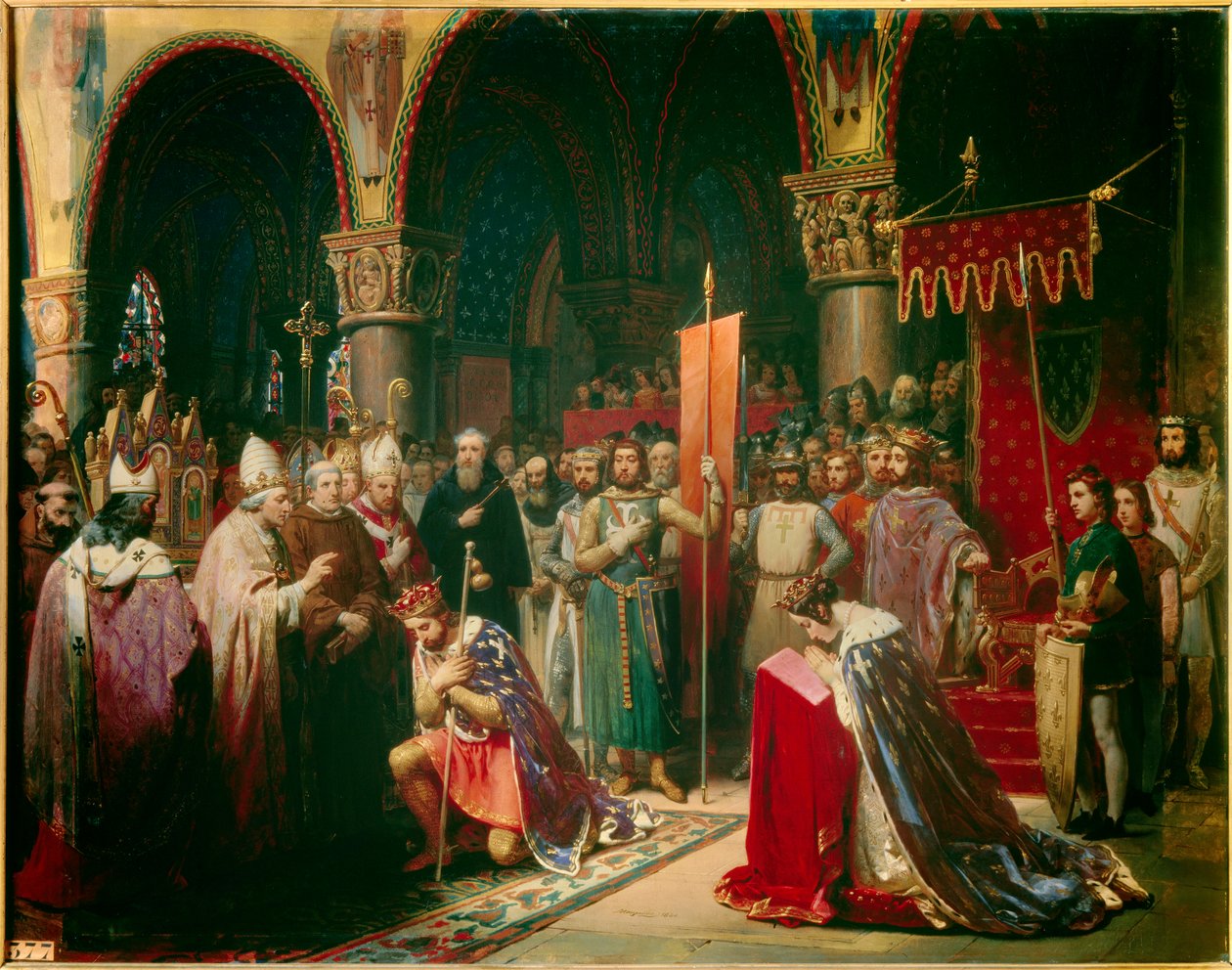 Kuningas Ludvig VII (1120-1180) ottaa oriflamen Pyhän Denisin basilikassa (Saint Denis) Akvitanian kuningatar Alienorin läsnäollessa ja vastaanottaa paavi Eugenius III:n (? -1153) käsistä pelerin kimalaisen ja pannetieren. ennen lähtöään tekijältä Jean Baptiste Mauzaisse