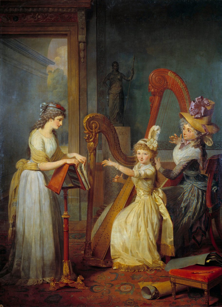 Stephanie Felicite Ducrest de Saint-Aubin, Genlisin kreivitär (nimeltään Madame de Genlis) (1746-1830) pitää harppuluennon Orléansin herttuan lapsille Saint Leun linnassa. Jean Baptiste Mauzaissen (1784-1844) maalaus 1800-luvun aurinko. 2,4 tekijältä Jean Baptiste Mauzaisse