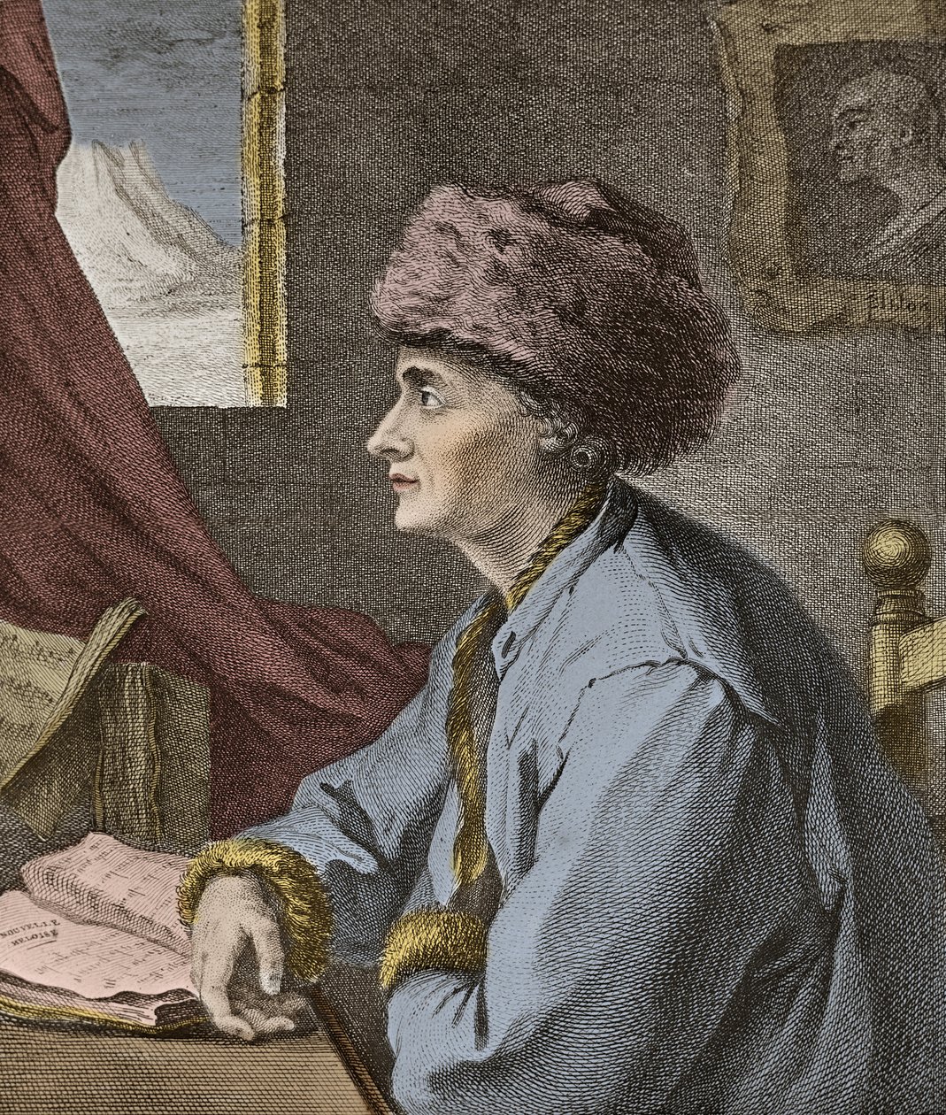 Jean Jacques Rousseau ranskalainen kirjailija ja filosofi Neufchatelissa vuonna 1765, J. B. Michelin kaiverrus - Jean-Jacques Rousseau (Jean Jacques) muotokuva Neuf Chatel vuonna 1765, J. B. Michelin kaiverrus tekijältä Jean Baptiste Michel