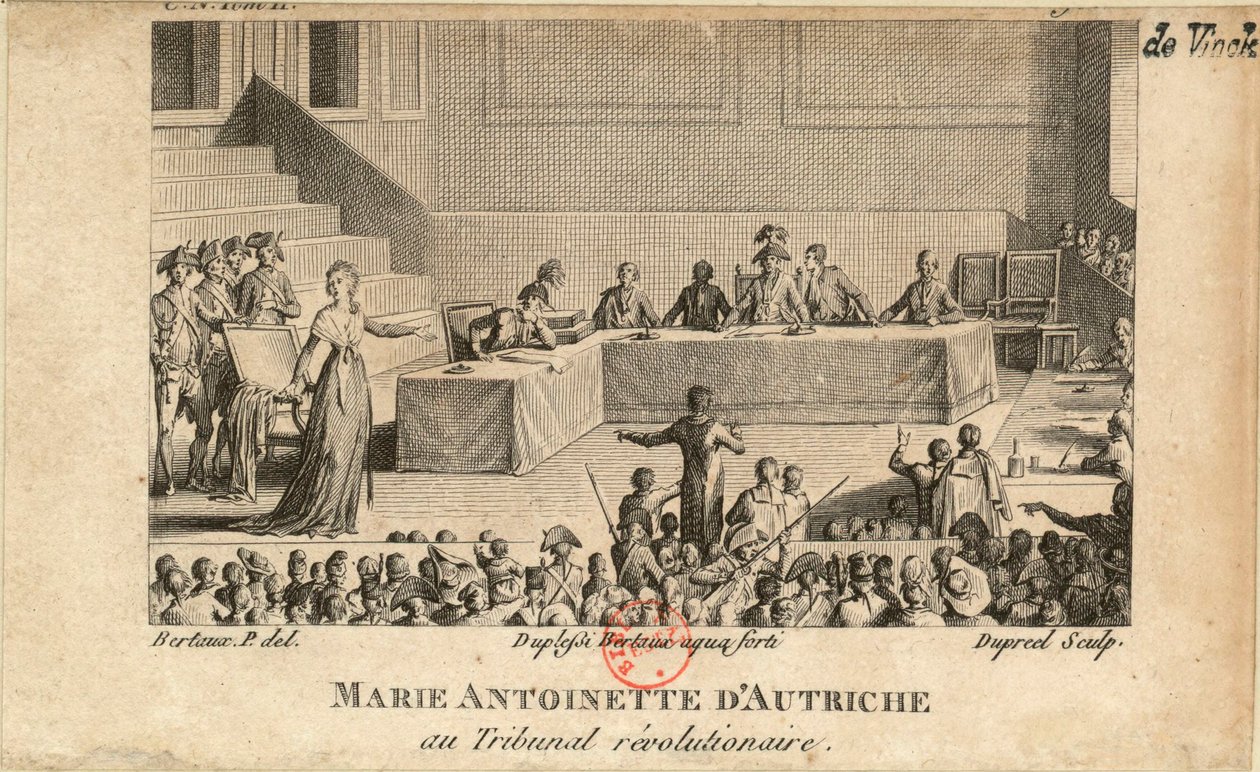 Marie Antoinette vallankumoustuomioistuimessa, 1806. tekijältä Jean Baptiste Michel Dupréel