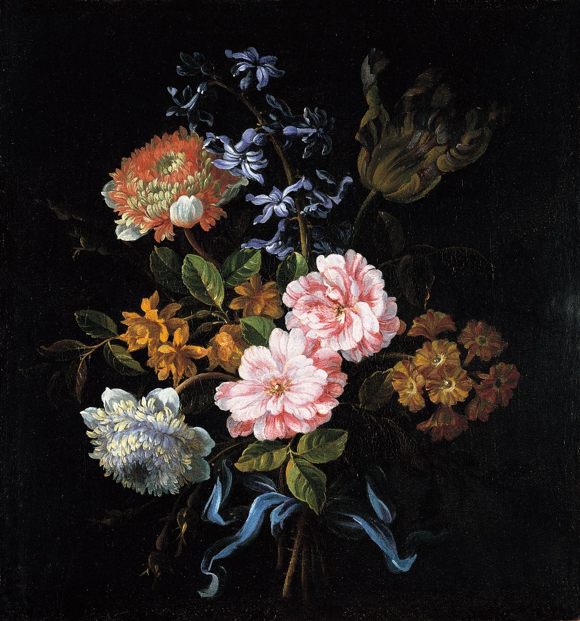 Kimppu unikkovuokkoja, ruusuja, tuplakampernellia, hyasinttia, tulppaania ja b:llä sidottu auricula tekijältä Jean Baptiste Monnoyer
