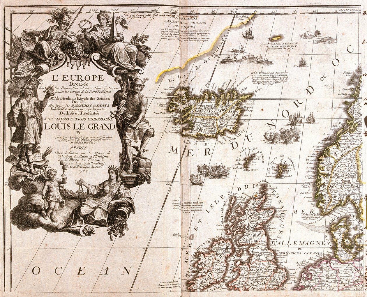 Kartta Islannista ja Pohjois-Britannian saarista Pohjanmerellä tekijältä Jean Baptiste Nolin