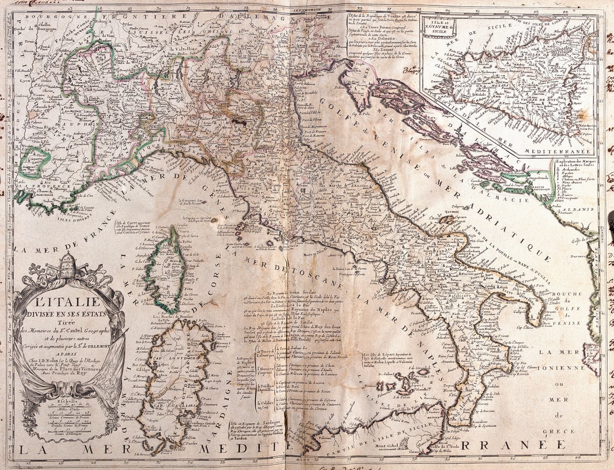 Italian kartta Korsikan, Sardinian ja Sisilian kanssa (kaiverrus tekijältä Jean Baptiste Nolin