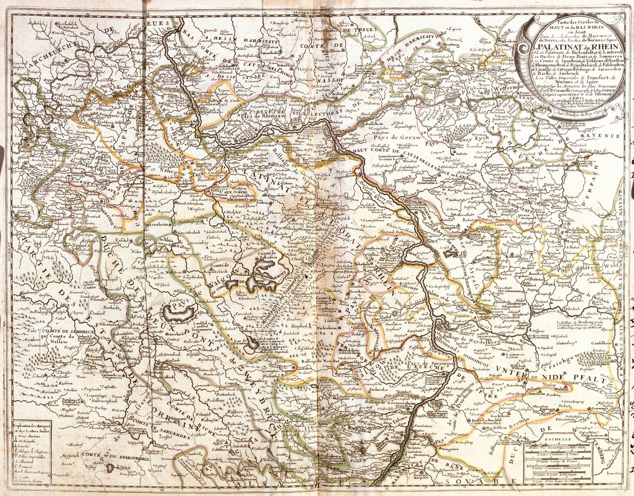 Rheinland-Pfalzin ja osan Baijerin (Saksa) kartta (kaiverrus tekijältä Jean Baptiste Nolin