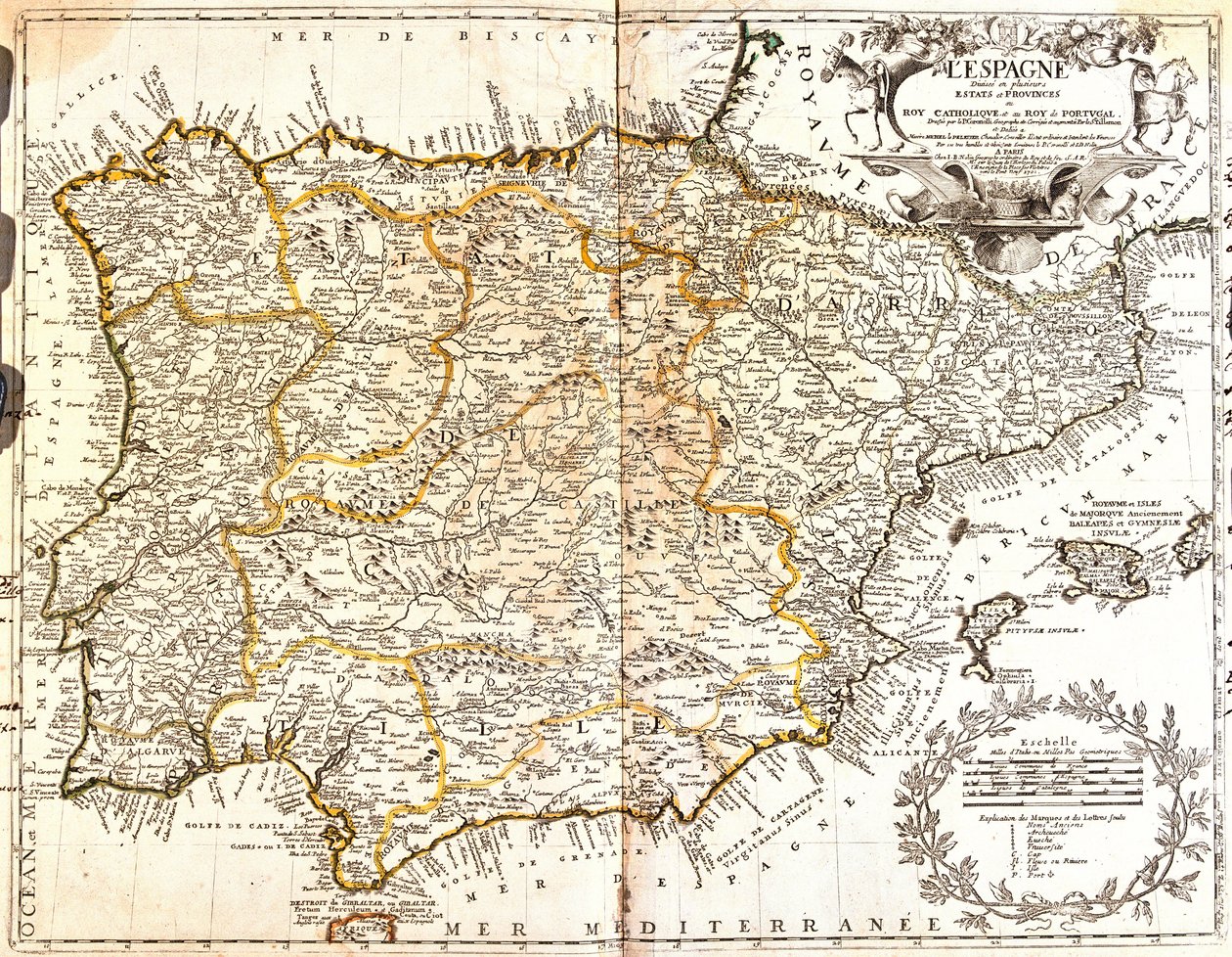Espanjan ja Portugalin kartta (kaiverrus tekijältä Jean Baptiste Nolin