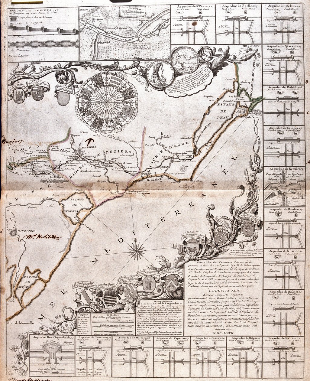 Canal du Midi kartta ja sen akveduktit (kaiverrus tekijältä Jean Baptiste Nolin