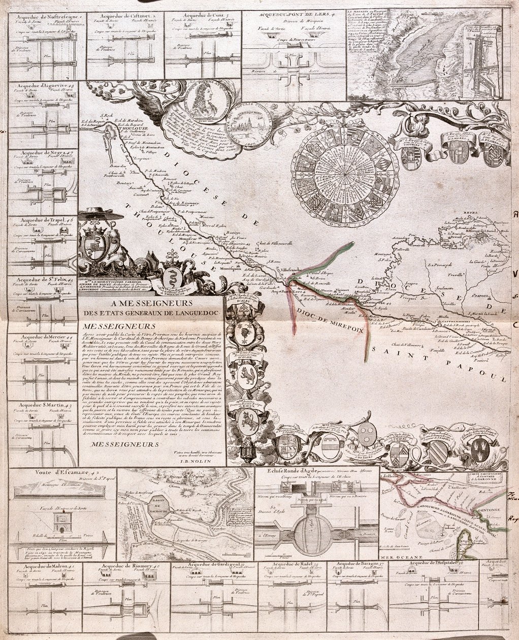 Canal du Midi kartta ja sen akveduktit (kaiverrus tekijältä Jean Baptiste Nolin