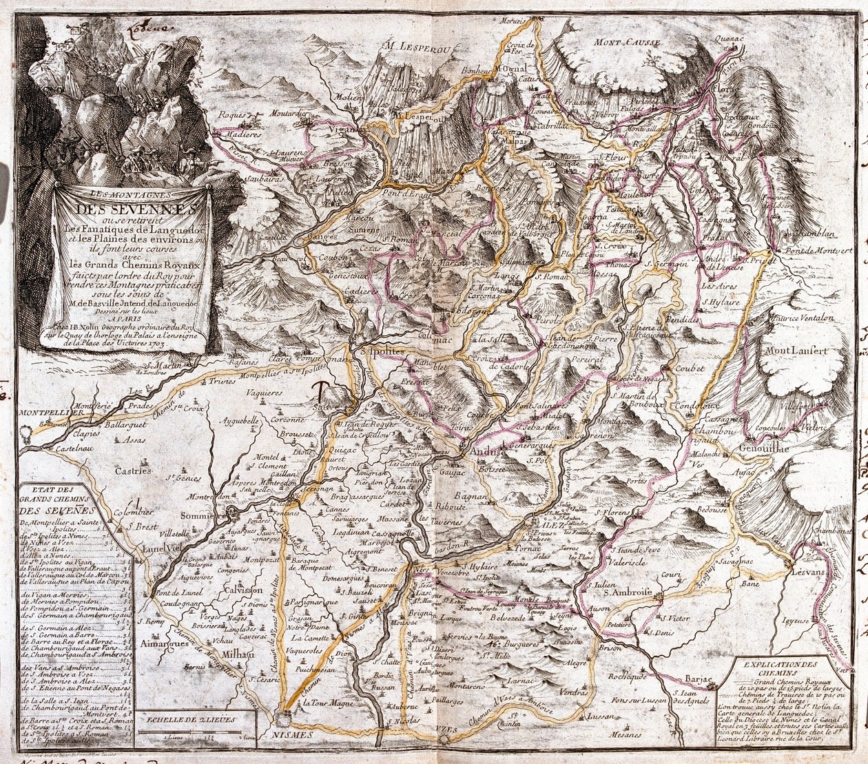 Cevennesin kartta (Ranska) (kaiverrus tekijältä Jean Baptiste Nolin