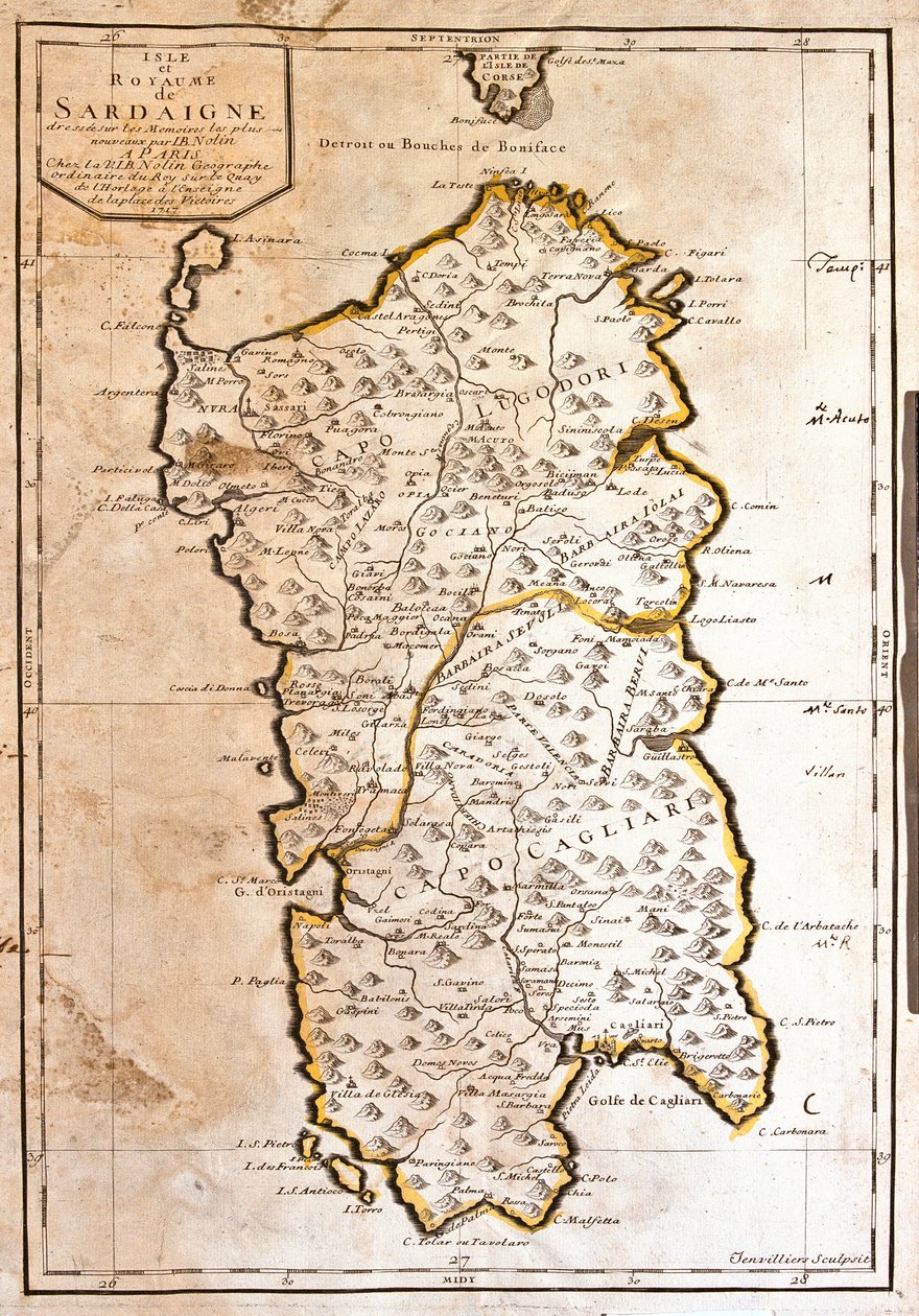 Sardinian kuningaskunnan kartta (Italia) (kaiverrus tekijältä Jean Baptiste Nolin