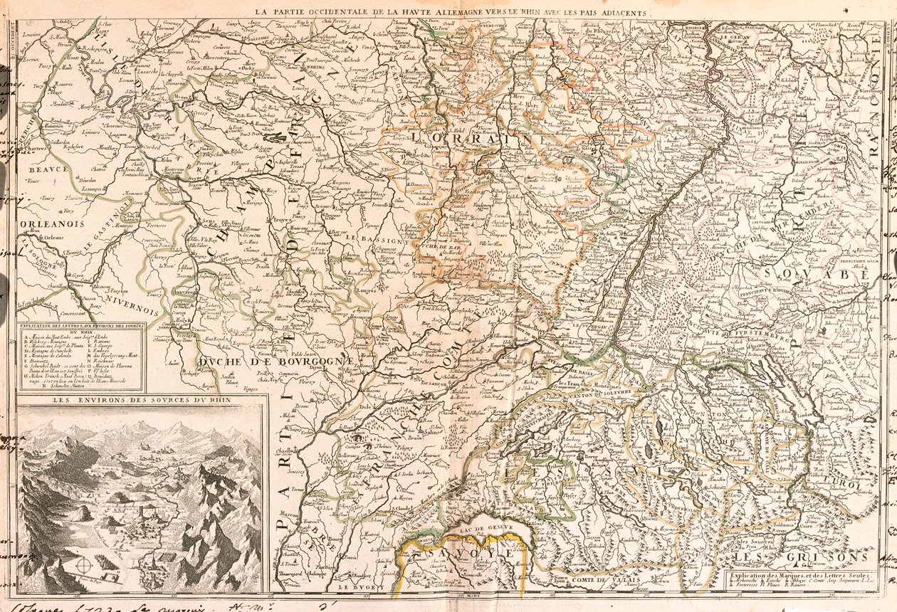 Kartta Reiniä ympäröivästä alueesta (Saksa, Sveitsi, Ranska) (kaiverrus tekijältä Jean Baptiste Nolin