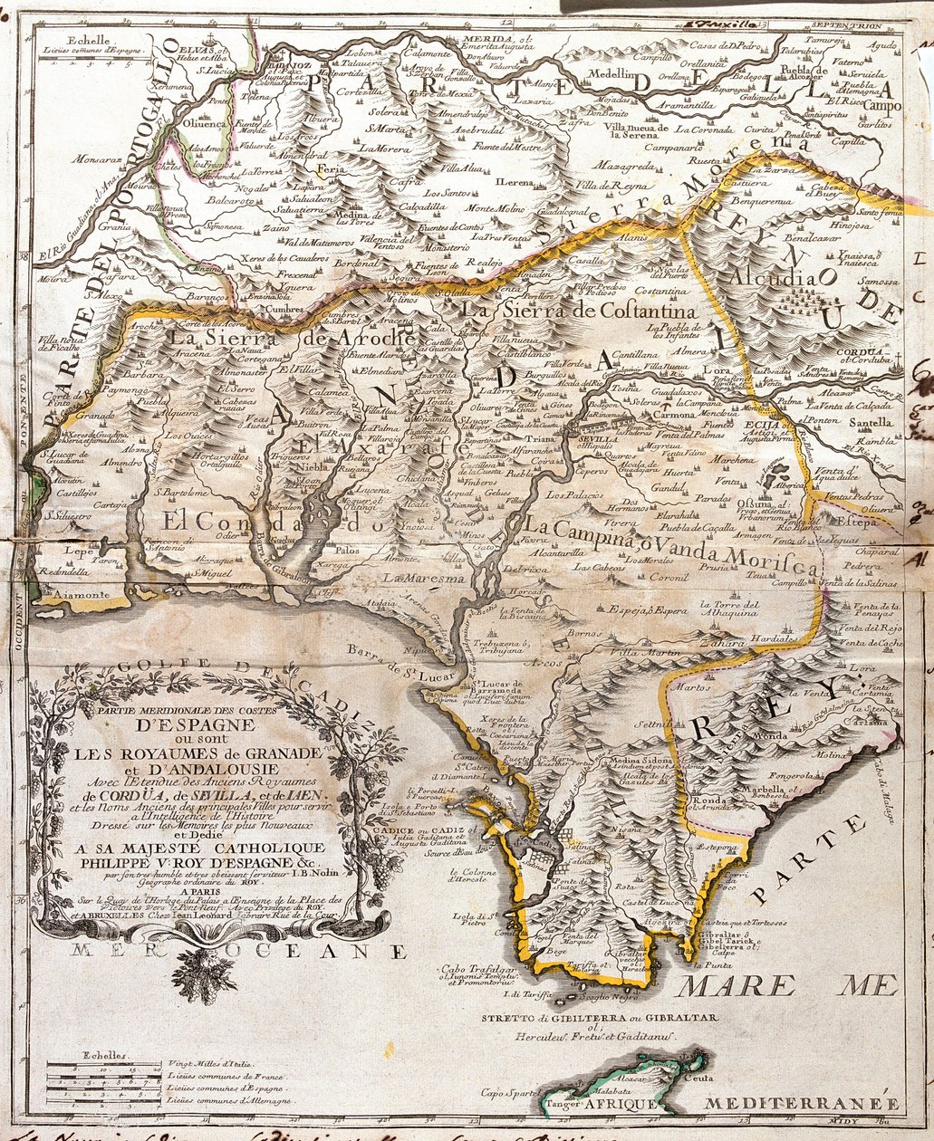 Granadan ja Andalusian valtakuntien kartta (Espanja) (kaiverrus tekijältä Jean Baptiste Nolin