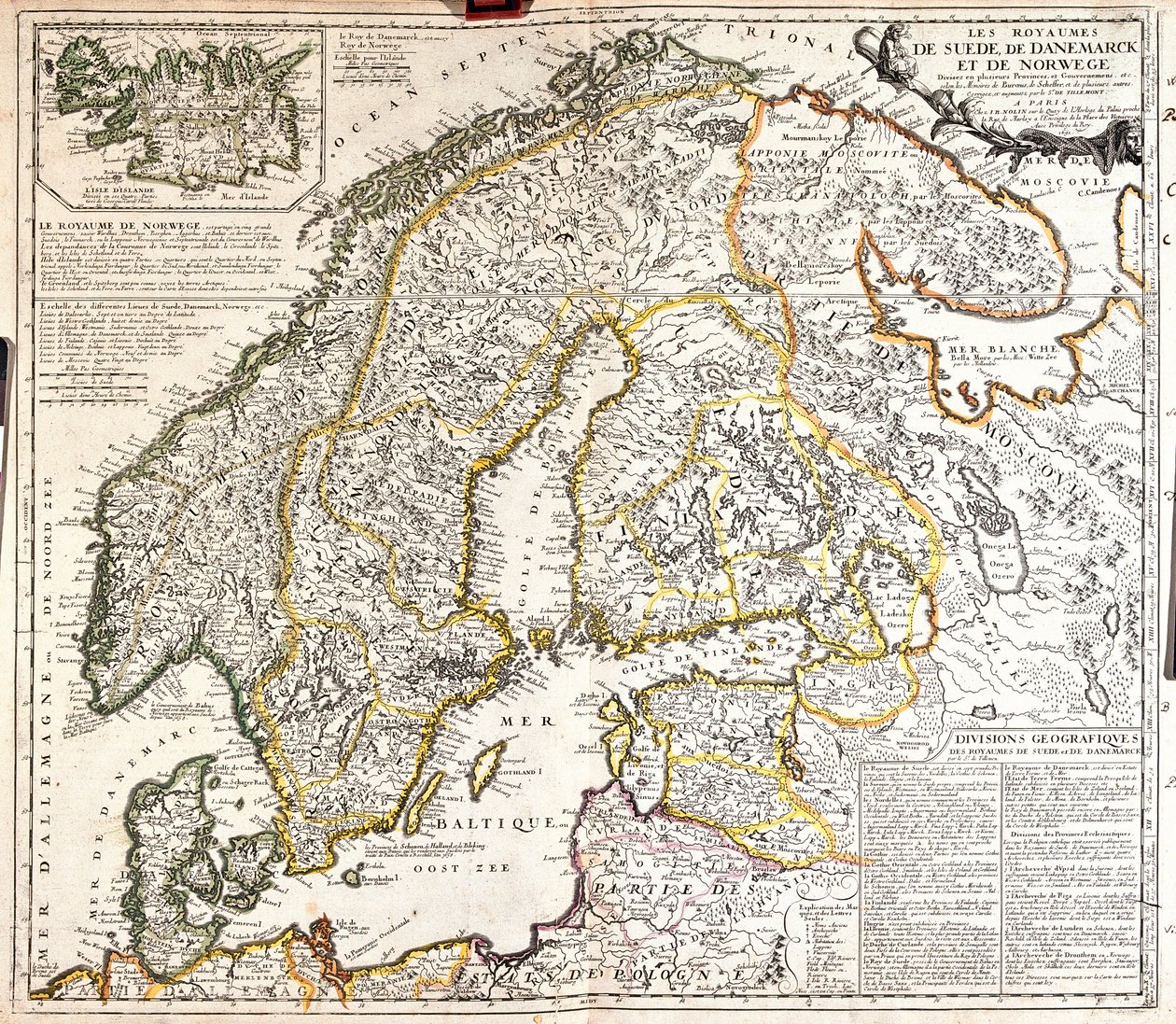 Norjan, Ruotsin ja Tanskan kuningaskuntien kartta (kaiverrus tekijältä Jean Baptiste Nolin