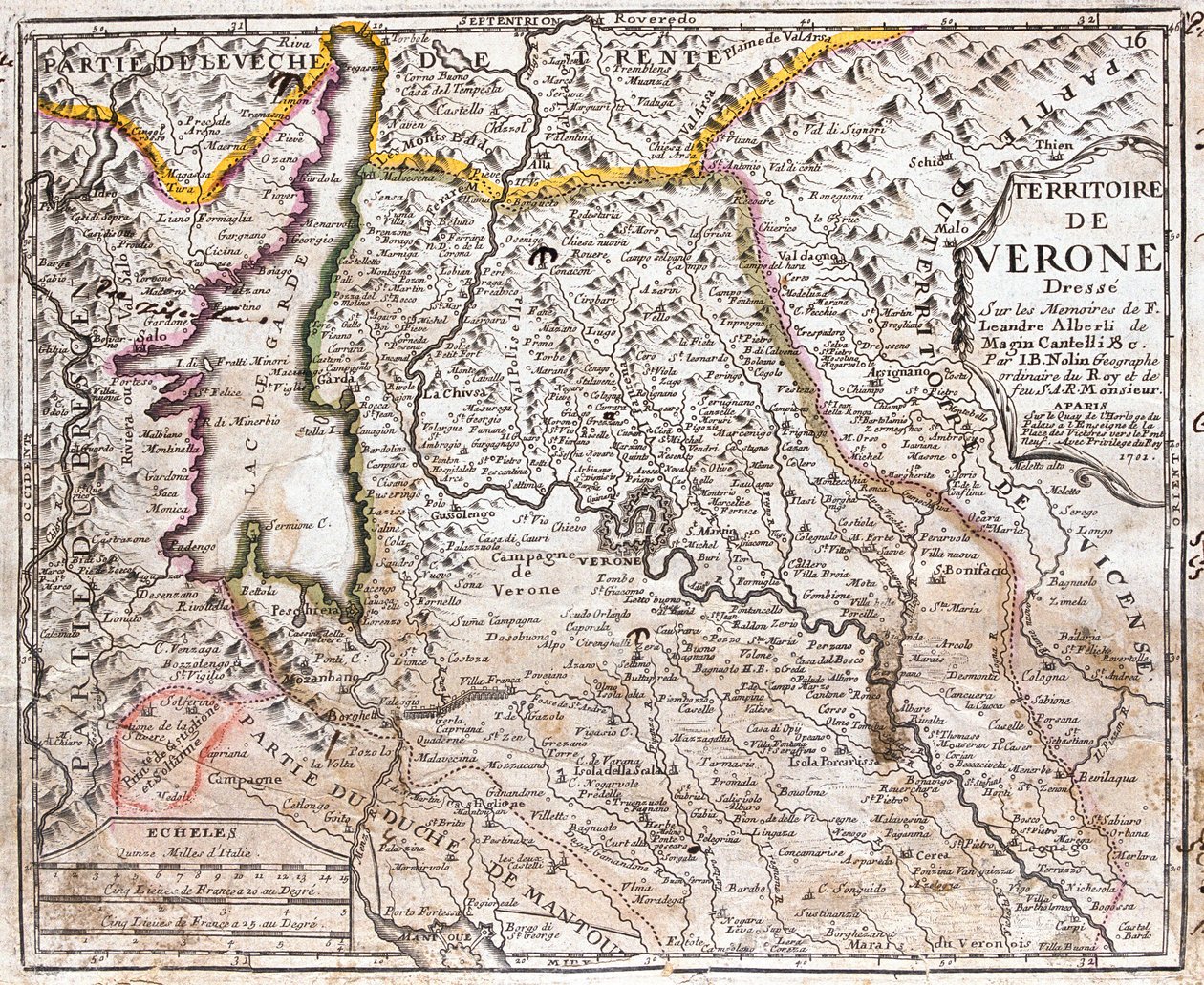 Kartta Veronan alueesta (Veneto, Italia) (etsaus tekijältä Jean Baptiste Nolin