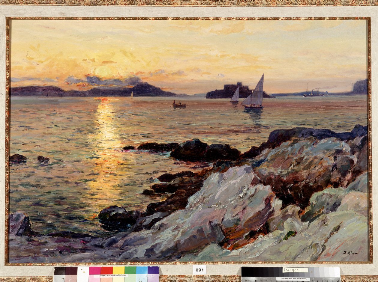 Auringonlasku Jean Baptiste Oliven (1848-1936) Frioulin maalaukselle 1900-luvun Dim. 50x73 cm Pakollinen maininta: Kokoelman perustan terveisiä Provencesta, Marseillesta tekijältä Jean Baptiste Olive