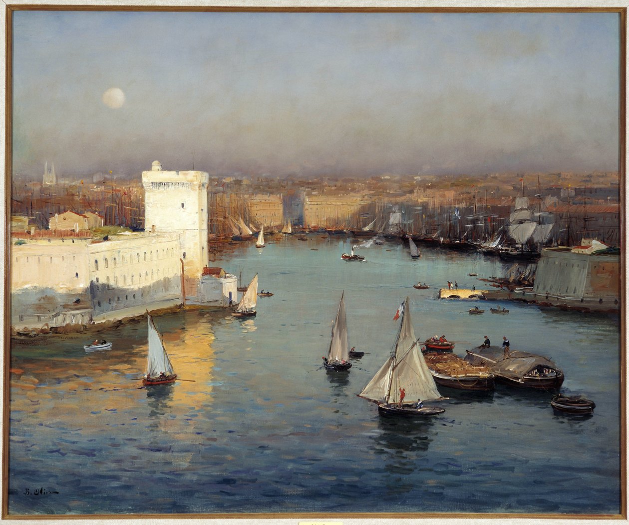 Näkymä Marseillen vanhaan satamaan Jean Baptiste Oliven (1848-1936) Pharo-maalauksesta Dim. 50x73 cm Pakollinen maininta: Collection Foundation regards de provence, Marseille tekijältä Jean Baptiste Olive