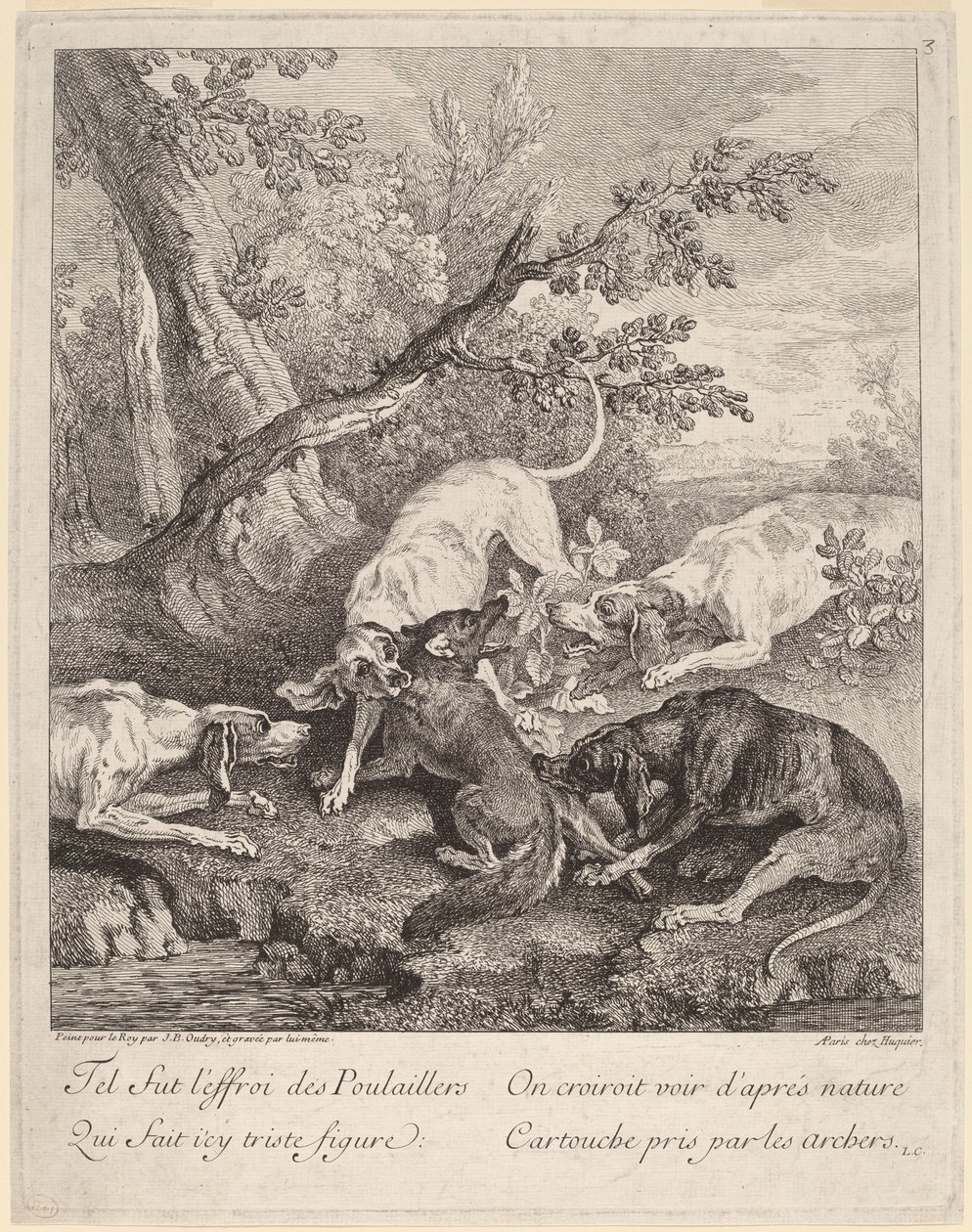 Kettu koirien kimppuun tekijältä Jean-Baptiste Oudry
