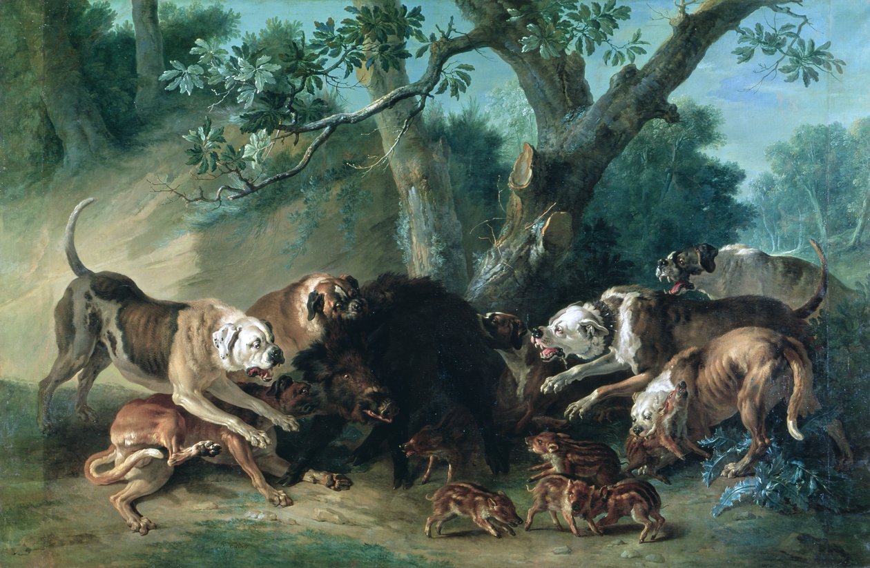 Villi emakko ja hänen poikansa koirien kimppuun tekijältä Jean Baptiste Oudry