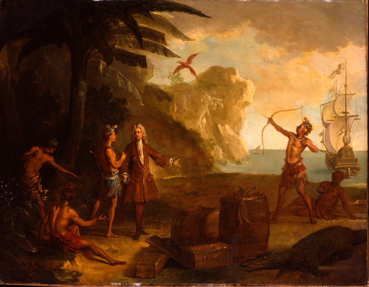 Amerikka - Eurooppalainen kauppias neuvottelee intiaanien kanssa tupakkatynnyristä ja muista tavaroista, 1724 tekijältä Jean Baptiste Oudry