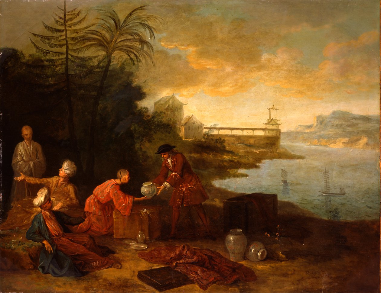 Aasia – Eurooppalainen kauppias, joka ostaa posliinia kiinalaiselta kauppiaalta, 1724 tekijältä Jean Baptiste Oudry