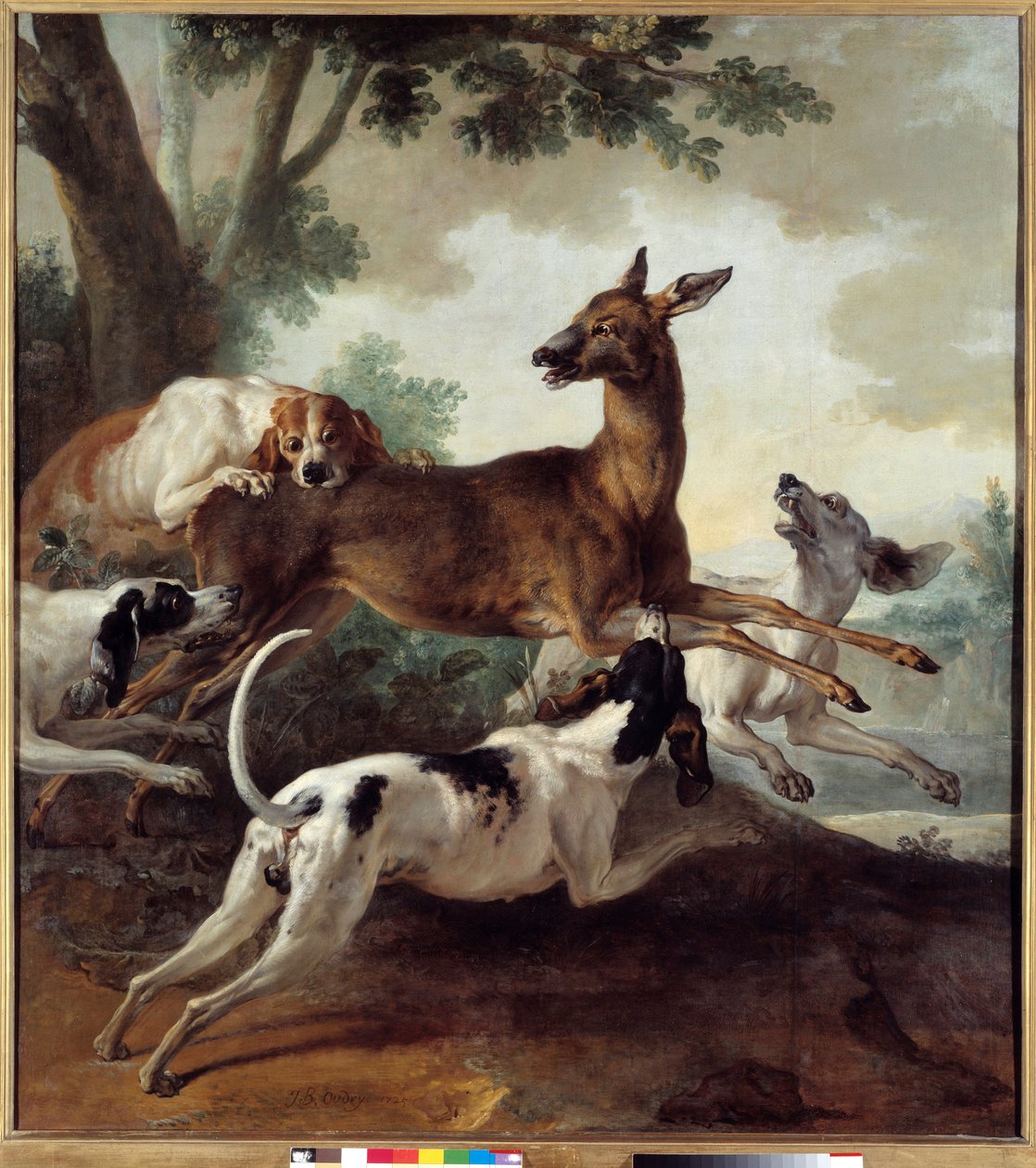 Koirien jahtaamia peuroja. Metsästyskohtaus. Jean Baptiste Oudryn (1686-1755) maalaus tekijältä Jean Baptiste Oudry