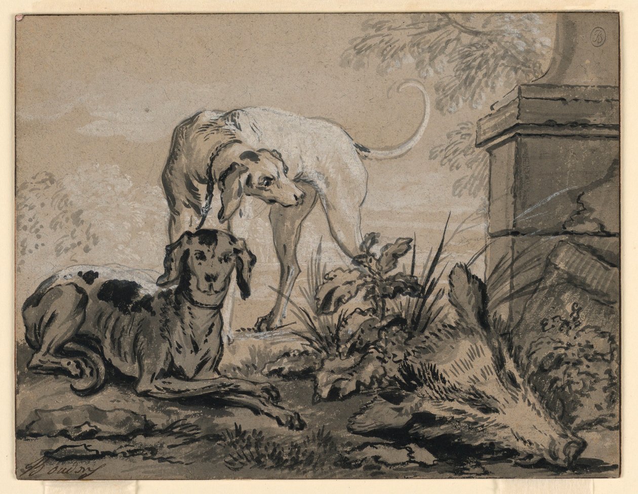 Piirros, Metsästyksen jälkeen: kaksi koiraa villisian pään vieressä, 1740. tekijältä Jean Baptiste Oudry