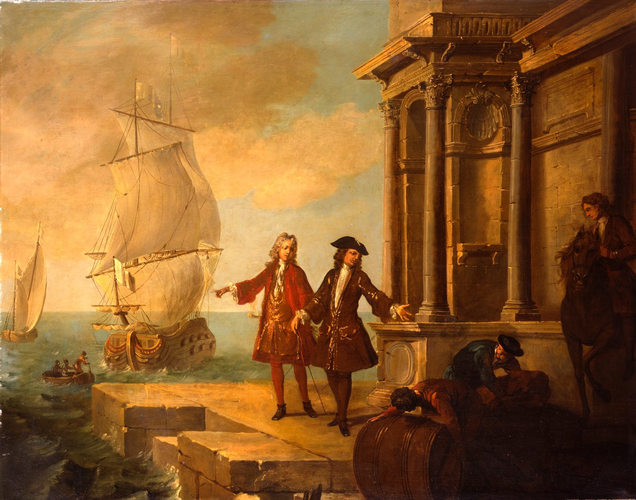 Eurooppa - Eurooppalaiset kauppiaat ahtaajien kanssa, jotka käsittelevät tynnyriä ja paalia laiturilla, 1724 tekijältä Jean Baptiste Oudry
