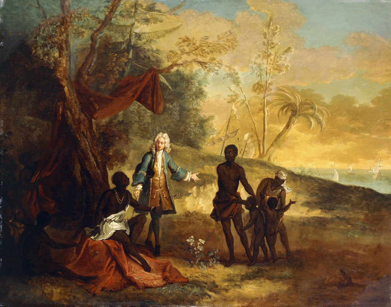 Neljältä osalta maailmaa - Afrikka: Eurooppalainen kauppias vaihtokauppaa mustan päällikön kanssa, 1724 tekijältä Jean Baptiste Oudry