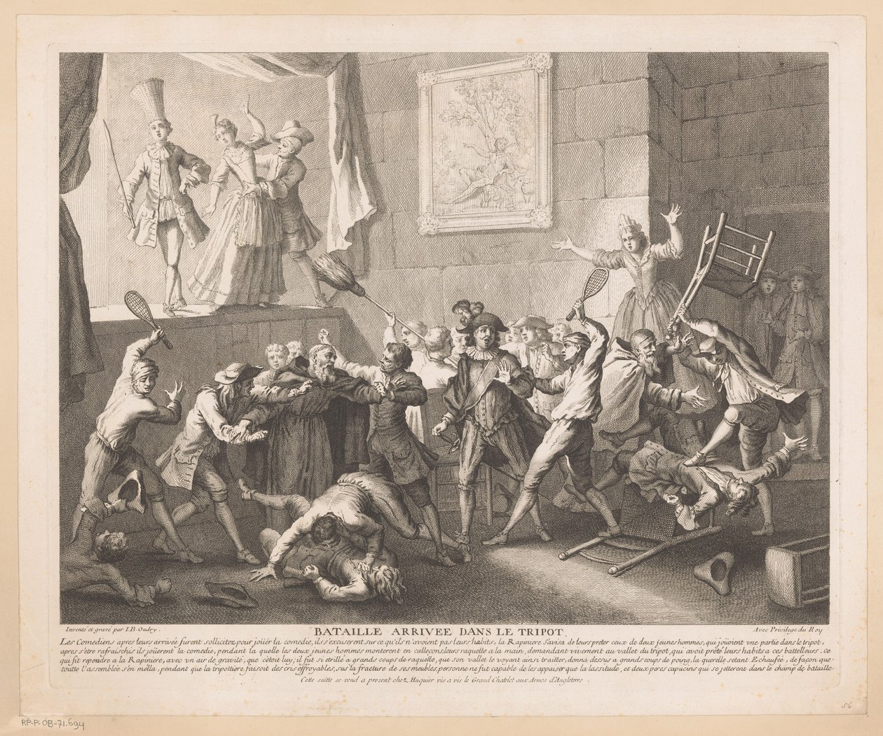Taistele teatterissa Bataille arrivée dans le tripot (otsikko esineessä) Kohtauksia Scarronin Roman Comiquesta (sarjan nimi) tekijältä Jean Baptiste Oudry