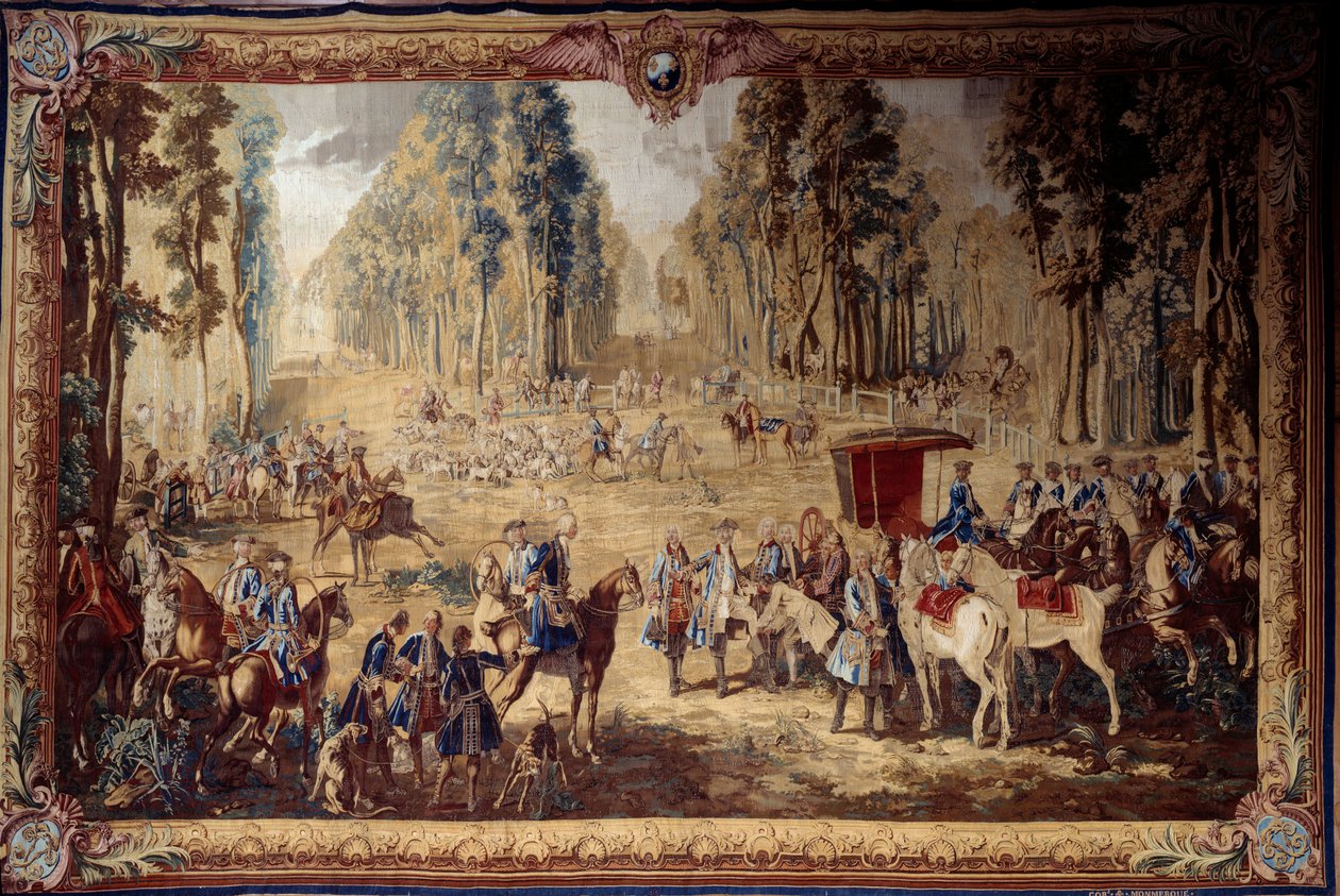 Riippu, joka kuvaa Ludvig XVI:n metsästystä: tapaamista Kuninkaan kaivon risteyksessä Compiegnen metsässä. Jean Baptiste Oudryn (1686-1755) kuvakudos 1737 su. 4,3x6,55 m Compiegne, musee national du chateau tekijältä Jean Baptiste Oudry