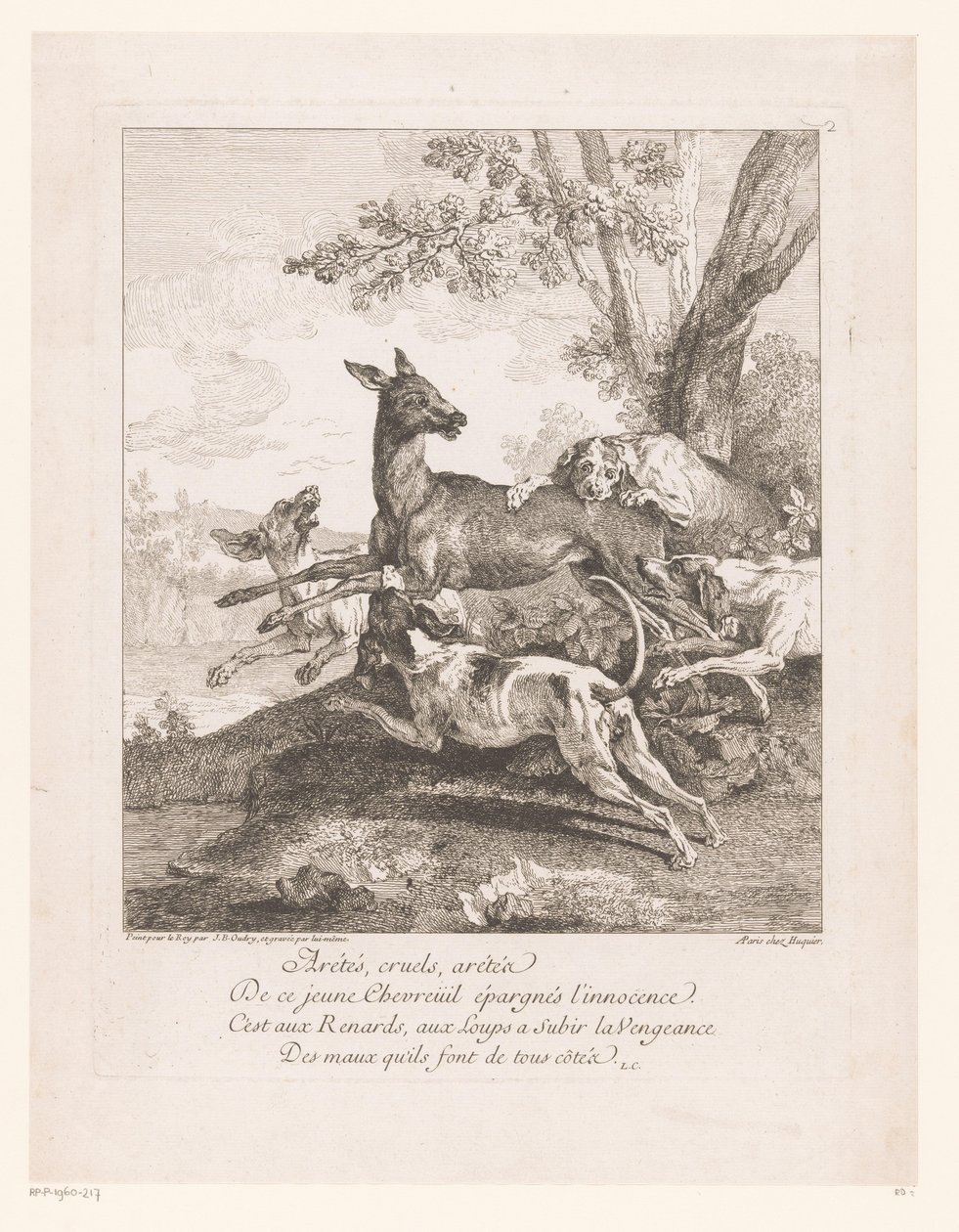 Metsästyskoirien kimppuun hyökännyt hirvi Arrêtés, cruels, arrêtez (...) (otsikko esineessä) Metsästyskohtaukset (sarjan nimi) tekijältä Jean Baptiste Oudry