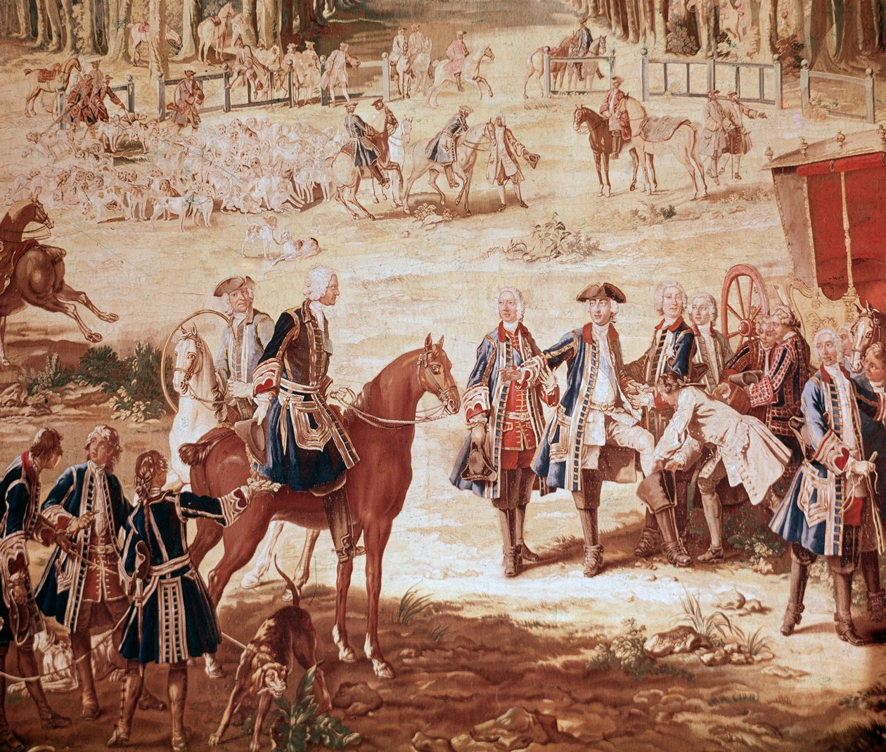 Ludvig XV:n metsästys Kuningas Ludvig XV metsästää Compiegnen metsässä (Louis XV:n metsästys - Tapestry) lauman alku Yksityiskohta - Jean Baptiste Oudryn (1686-1755) kuvakudos tekijältä Jean Baptiste Oudry