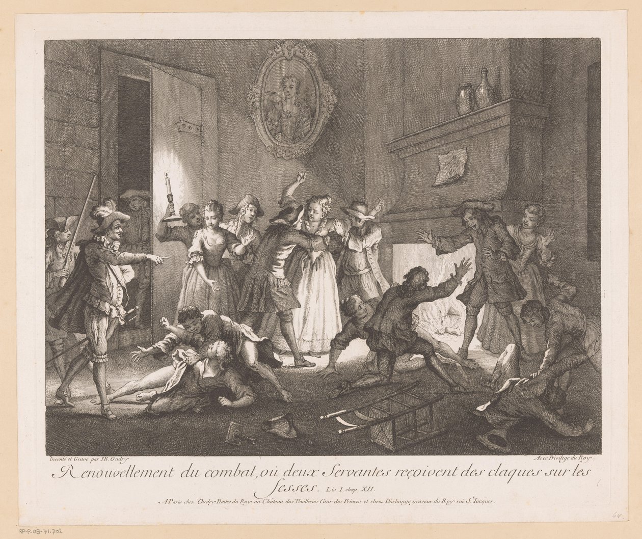 Sisustus met groep vechtende mensen Taistelun uusiminen, jossa kaksi palvelijaa saa iskuja pakaraan (nimi esineessä) Kohtauksia Roman Comique van Scarronista (sarjan nimi) tekijältä Jean Baptiste Oudry