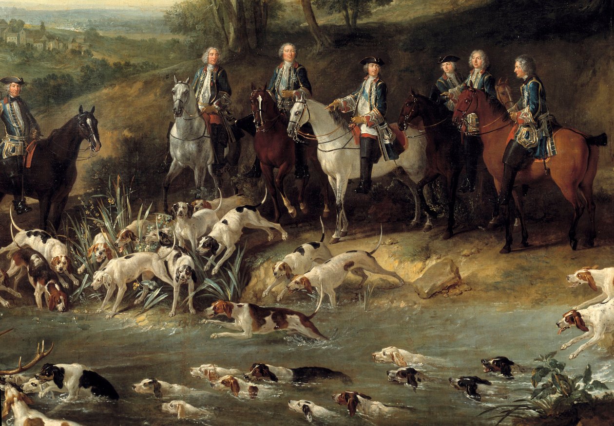 Kuningas Ludvig XV metsästää peuroja Saint Germainin metsässä vuonna 1730 Yksityiskohta. Jean Baptiste Oudryn (1686-1755) maalaus 1730 Toulouse, Musee des Augustins tekijältä Jean Baptiste Oudry