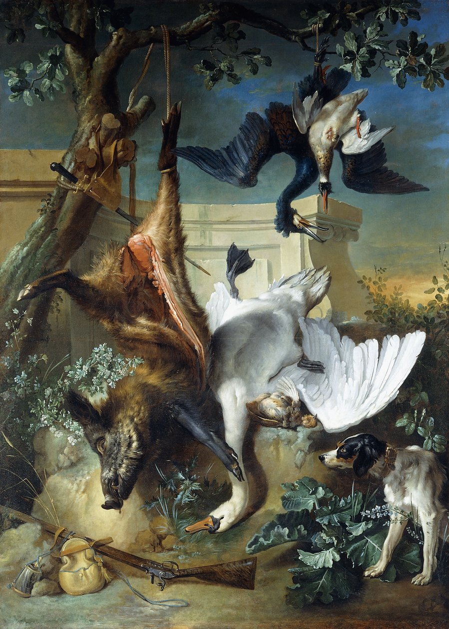 "Metsästyksen paluu": Metsästyskoira, joka vartioi kuolleita peli, tekijältä Jean Baptiste Oudry