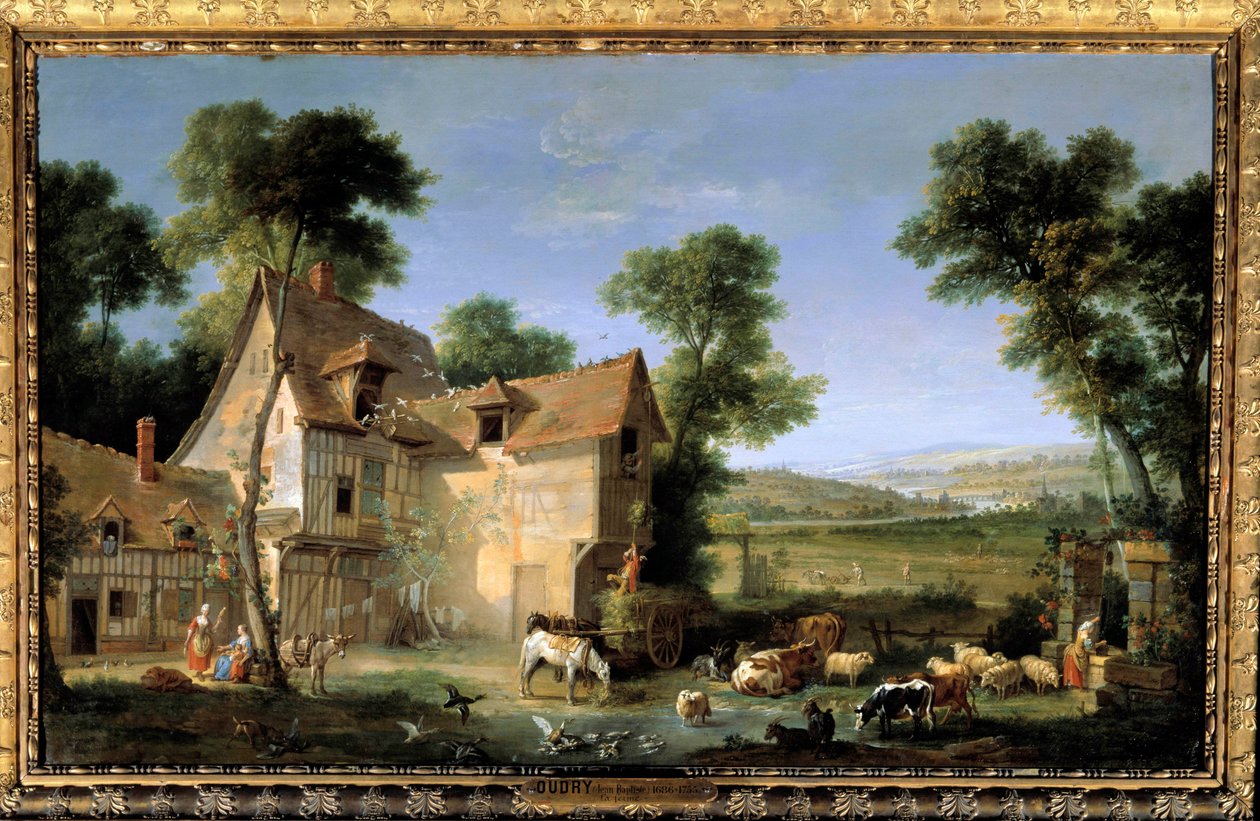 Jean Baptiste Oudryn (1686-1755) maatilamaalaus 1750 su. 1,3x2,12m tekijältä Jean Baptiste Oudry