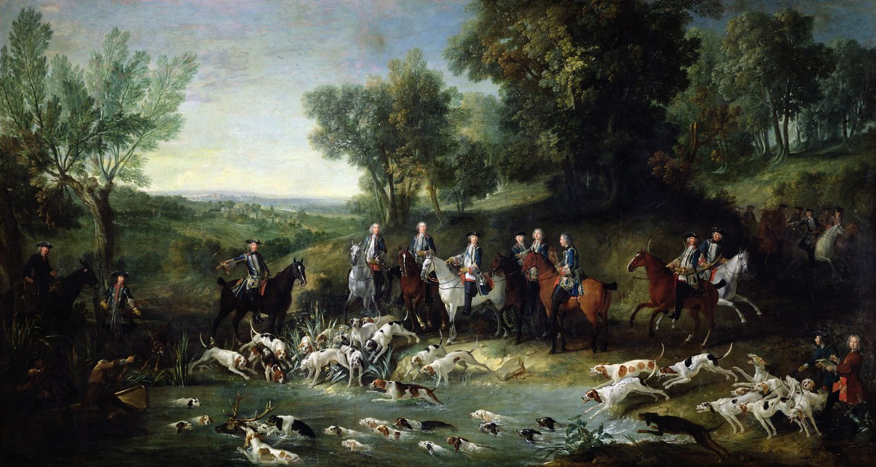 Ludvig XV (1710-1774) Hirvenmetsästys Saint-Germainin metsässä, 1730 tekijältä Jean Baptiste Oudry