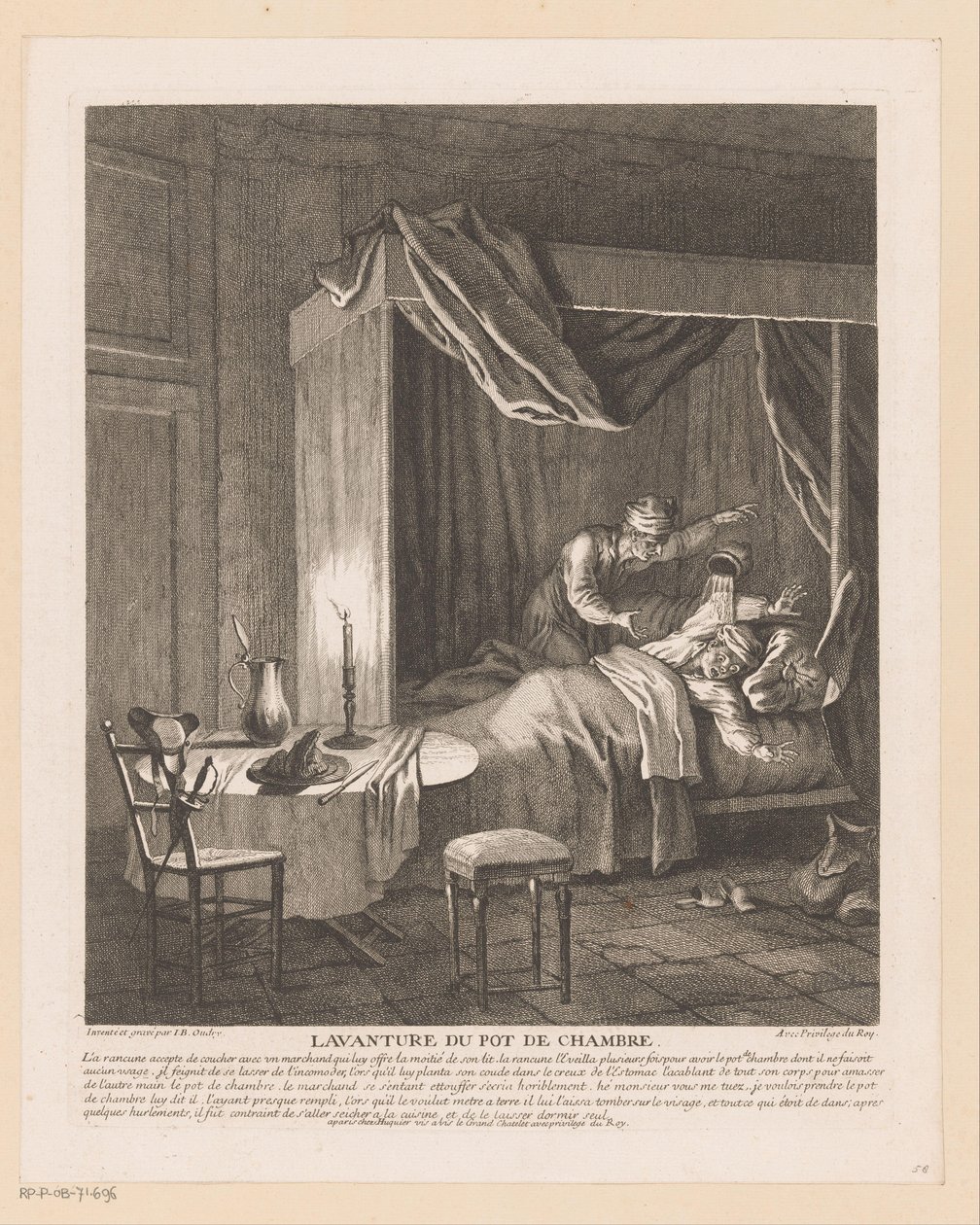 Ihminen säikähtää hereillä, kun kammion kattila tyhjennetään hänen yllään Lavanture du pot de chambre (otsikko esineessä) Kohtauksia Scarronin Roman Comiquesta (sarjan nimi) tekijältä Jean Baptiste Oudry