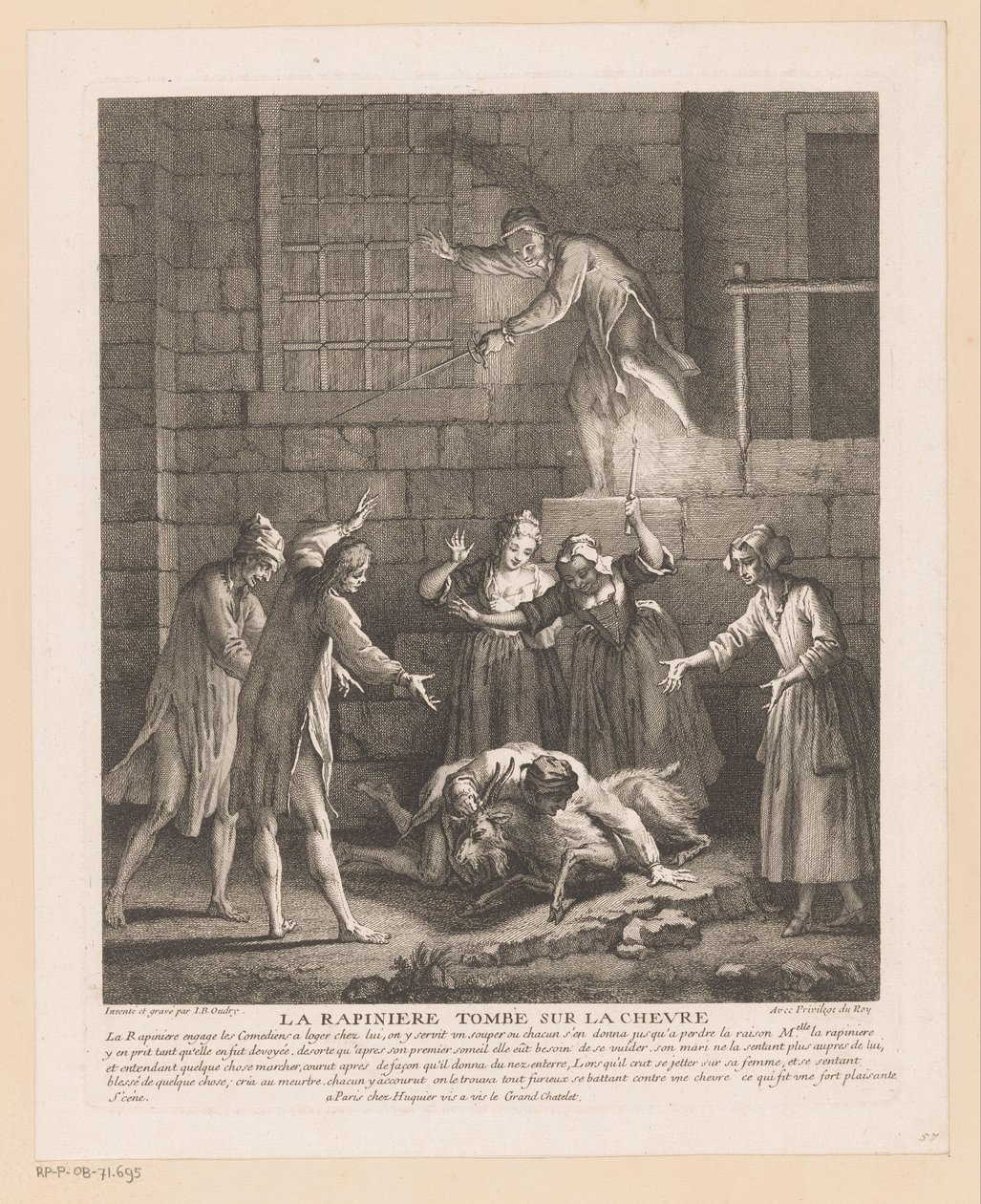 Man valt bovenop een geit La Rapinière putoaa vuohen päälle (otsikko esineessä) Kohtauksia Roman Comique van Scarronista (sarjan nimi) tekijältä Jean Baptiste Oudry